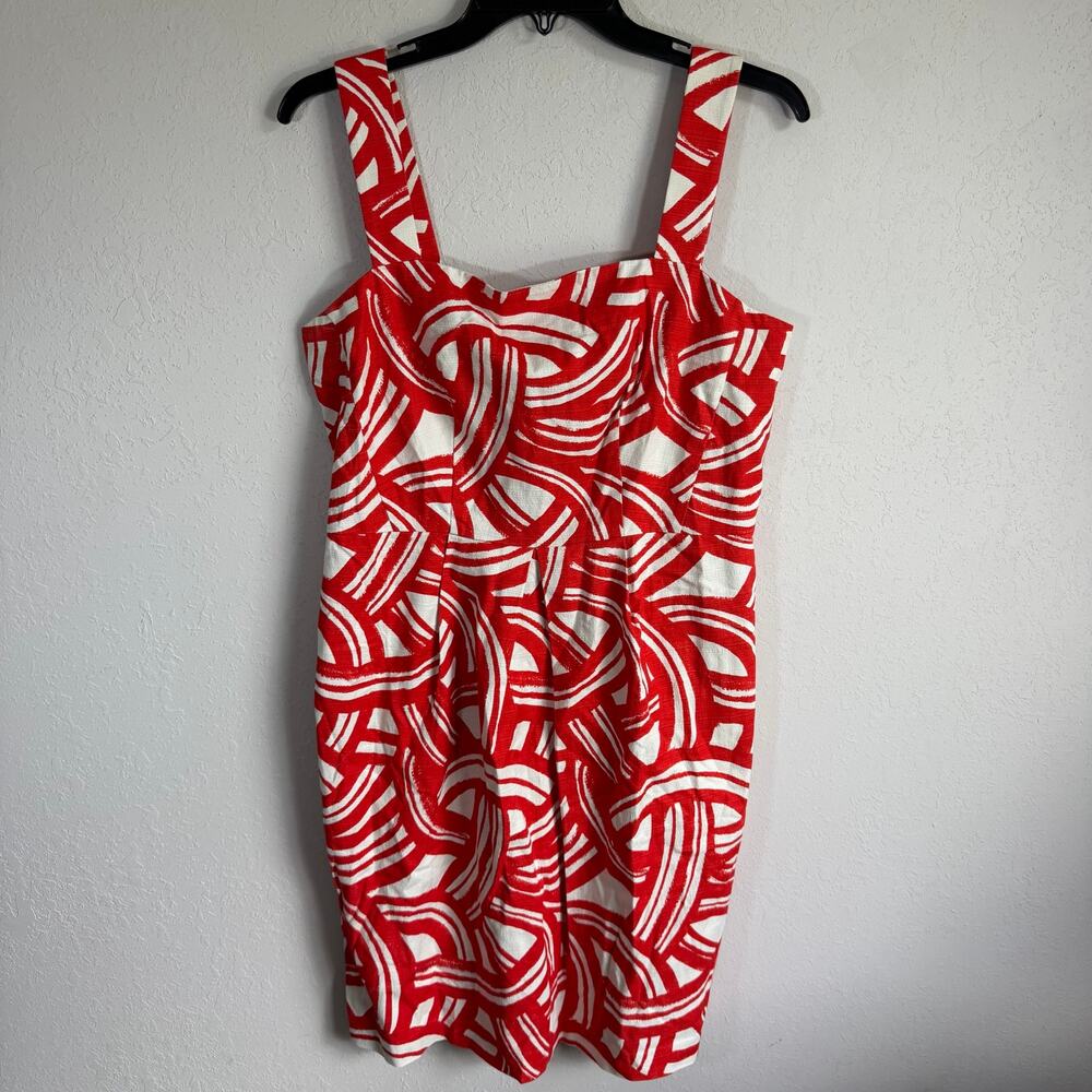 Banana Republic Red White Geometric Abstract Print Square Neck Dress Womens 12P